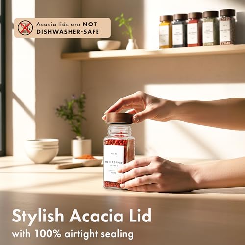 EDELHAUS Glass Spice Jars with Acacia Wooden Lids & White Labels - 24 Pack