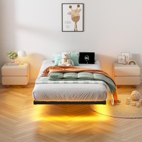 Floating Bed Frame Twin with LED Lights and Charging Station - 8 Inch Height