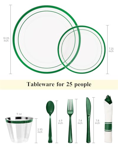Goodluck 175-Piece Clear Green Disposable Dinnerware Set for 25 Guests - Plates, Cups, Napkins & Cutlery (Variation: Green)