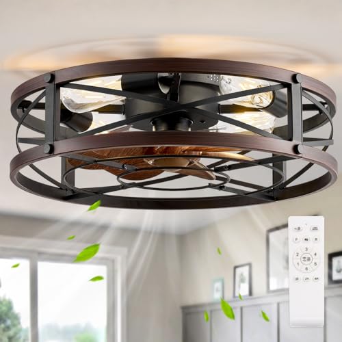 SHLUCE Black & Brown 20 Inch Caged Ceiling Fan with Light & Remote