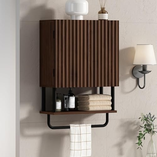 Rustic Wall Mounted Bathroom Cabinet - 2 Doors, 3-Tier Storage, Small Dark Walnut