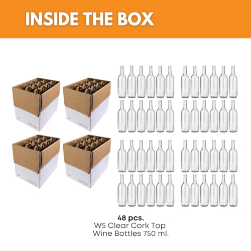 FastRack 750ml Clear Bordeaux Glass Wine Bottles - 48 Pack, W5 Style, No Corks