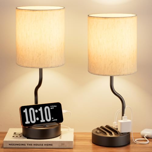 Fenmzee 18-Inch Bedside Table Lamps Set of 2 with Cream & Black Finish, USB Charging, Dimmable LED Bulb Included