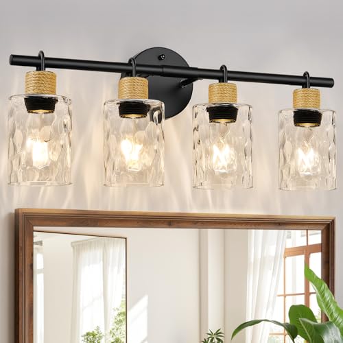 Matte Black Coastal 4-Light Vanity Light with Crystal Glass Shades - MOKATNG
