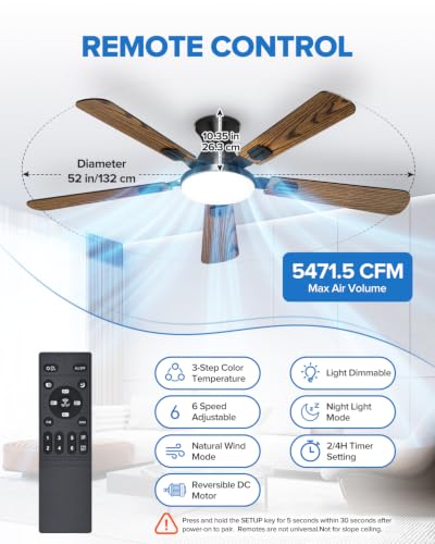 52-Inch Ceiling Fan with Lights and Remote Control - Black/Wood Grain Flush Mount