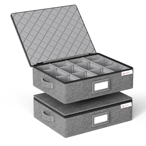 Mug and Cup Storage Box 2 Pack with Hard Shell and Dividers - Stackable Organizer for Coffee Mugs, Tea Cups, Glasses, Handles, Zips, Label, Grey
