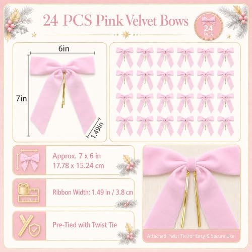 Jobkoo Pink Velvet Christmas Bows Set - 24 Pre-Tied Holiday Tree Decorations