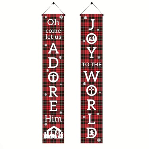 BlissYard Joy To The World Holiday Door Banner - Red & Black Plaid, Snowflake Pattern, Vertical 71x12 Inch - Variation Joy 1