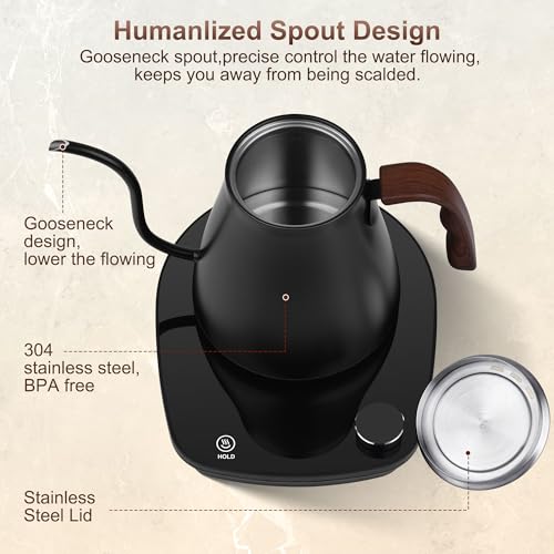 YDDZZM Black Gooseneck Electric Kettle with Temperature Control 0.9L 1000W