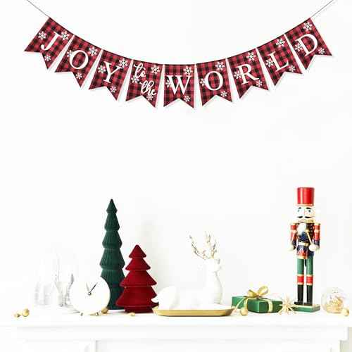 Uniwish Joy to the World Banner Christmas Decorations Buffalo Plaid Xmas Sign Winter Holiday Christmas Office Home Decor for Wall Farmhouse Indoor Outdoor Party Supplies