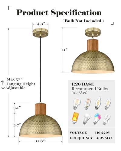 Brass 2 Pack Hammered Pendant Lights - 12” Vintage Metal & Wood Dome Hanging Lamps for Kitchen, Dining, Island, Farmhouse, Hallway