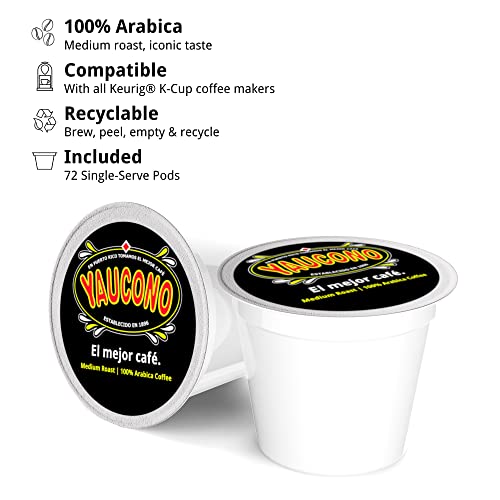 Yaucono Medium Roast Coffee Pods Pack of 72 - Keurig Compatible, Recyclable, 100% Arabica, Puerto Rican Coffee
