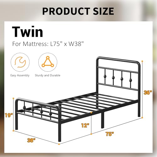 Black 12 Inch Twin Bed Frame with Headboard Footboard and Underbed Storage