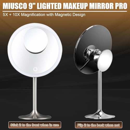 9-Inch Makeup Vanity Mirror with Lights & 5X/10X Magnification - Magnetic, Rechargeable, 90° Adjustable, Metal Frame, 16in Length - Black