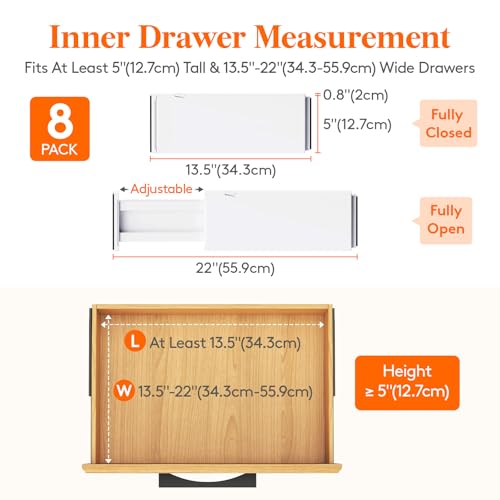 Adjustable Drawer Dividers 5 Inches Tall, Expandable & Non-Slip - 8 / 5"H, 13.5-22"L