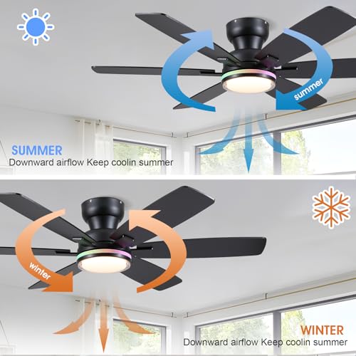 Kviflon 52-Inch Black RGB Ceiling Fan with Remote & APP, 6 Blades, 3CCT Light