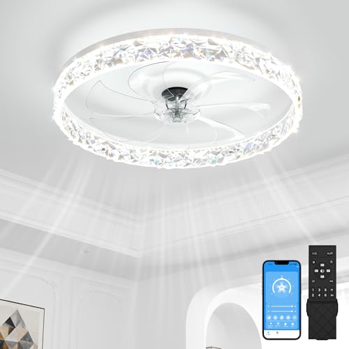 White 20-Inch Low Profile Ceiling Fan with Lights Remote Dimmable LED