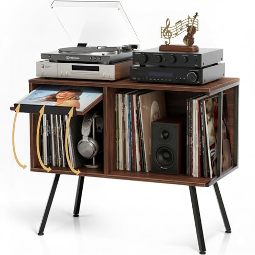Walnut Record Player Stand with Flip-Down Shelf - 2-Tier, Mid-Century Design