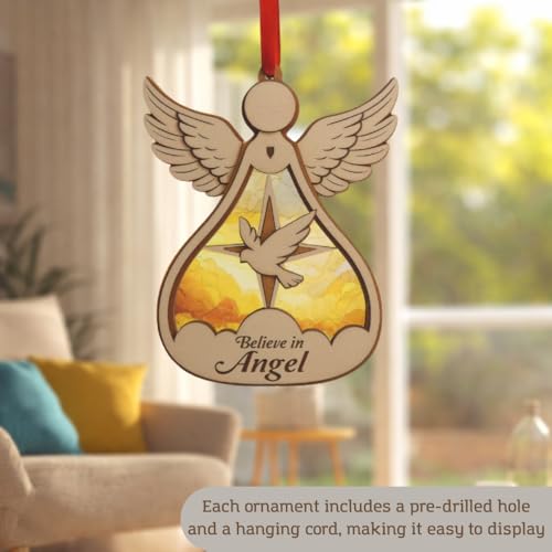 TSIMPLE Angel Ornament for Christmas Tree & Car Rearview Mirror – Religious Holiday Decoration, Double Layer Wood & Acrylic, Holiday Keepsake (Angel Listing)
