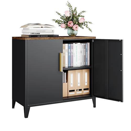 Letaya Metal Storage Cabinet with Doors - Small Kitchen Office Credenza, Black, 16 x 32 x 30 Inches