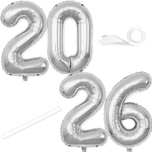 40 Inch Number 2026 Balloons Silver, Giant Foil Mylar Helium Balloons for 2026 New Years Party Decorations New Years Eve Party Supplies Decoracion De A?o Nuevo 2026 Graduation | Silver
