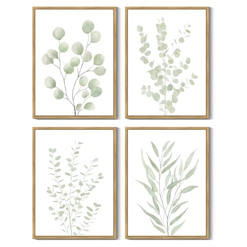 Natural Framed Botanical Wall Art Set of 4 - Eucalyptus Leaf Prints 11x14 inches, Boho Home Decor