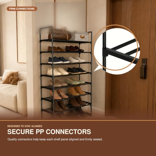8-Tier Metal Shoe Rack with Hooks - Black, Multi-Use Closet Organizer