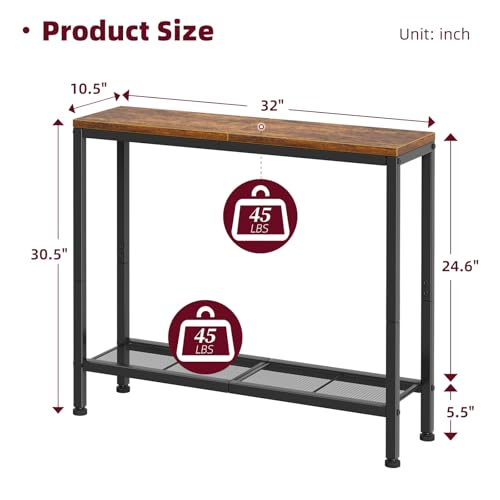 32-Inch Rustic Brown Console Table with Storage Shelf for Entryway & Living Room