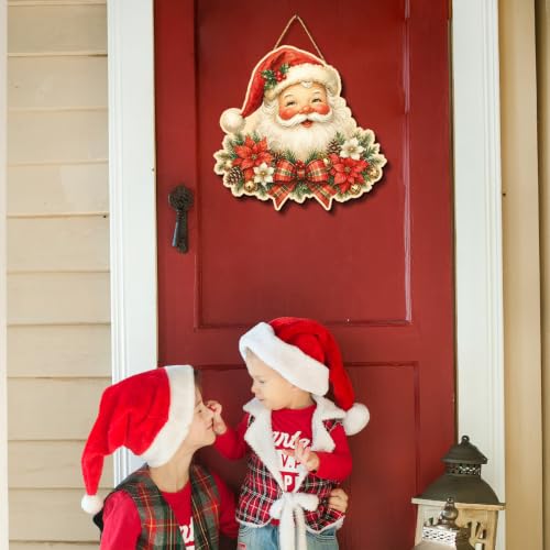 Christmas Santa Door Hanger Vintage Wooden Welcome Sign - Red