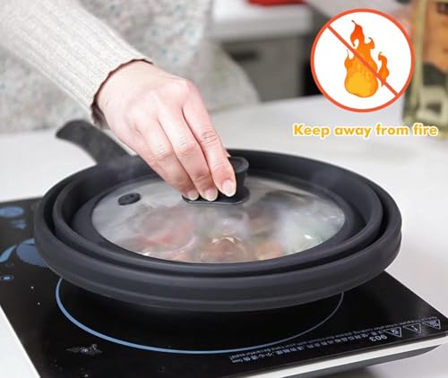 Microwave Splatter Cover Glass Lid with Collapsible Silicone Handle - 11.8 Inch Black