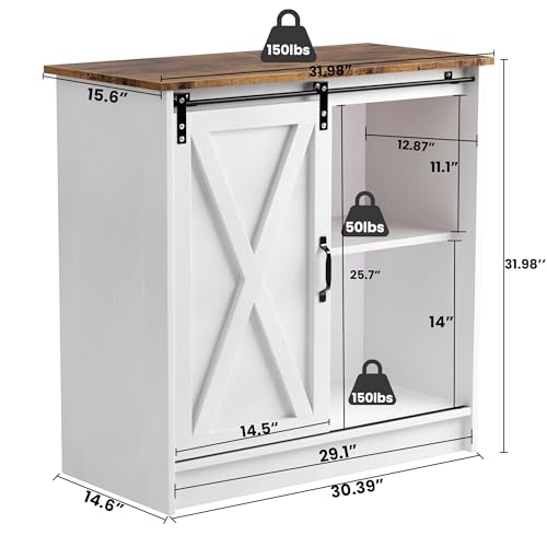 White Farmhouse Coffee Bar Cabinet with Sliding Barn Door and Storage