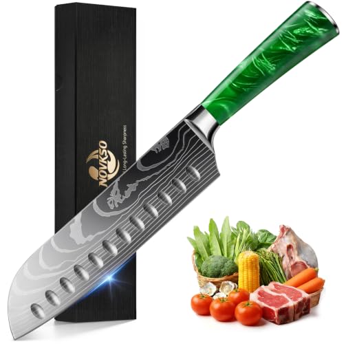 NOVKSO 7-Inch Green Santoku Knife with High-Carbon Steel & Resin Handle