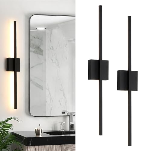 Black Wall Sconces Set of Two, 28 Inch Dimmable LED Bathroom Lights - Modern Minimalist Design