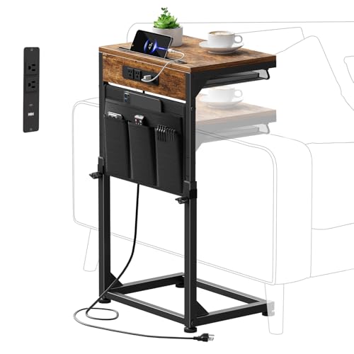 Adjustable C-Shaped Side Table with Charging Station and Storage Bag