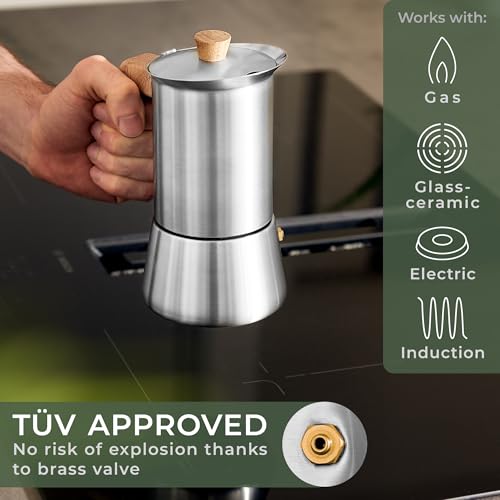Stainless Steel 10oz Moka Pot with Oak Wood Handle - Italian Espresso Maker for Stovetop & Induction - Toxic-Free Coffee Brewer