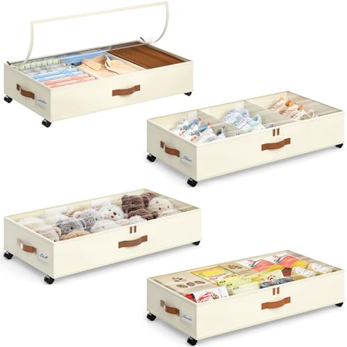 Yecaye Beige Large 60L Under Bed Storage Containers with Wheels, Adjustable Dividers & Clear Lid - 4 Pack