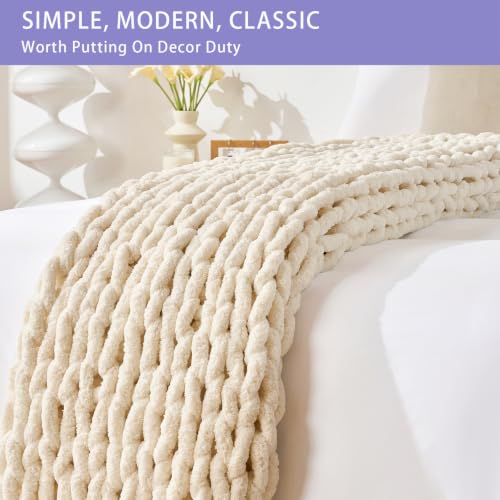 Bigacogo Beige Chunky Knit Throw Blanket 40x60 Inches for Couch & Bed