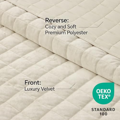 Velvet Quilt Set King Size - Cream White Luxury Bedding with Channel Stitching