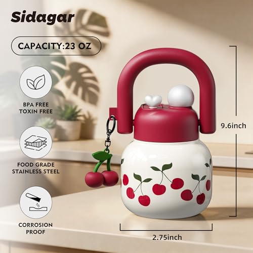 Sidagar 22 oz Insulated Stainless Steel Water Bottle - White, Cherry Design