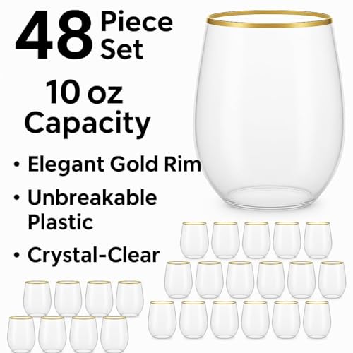 Oojami 48 Pack Disposable Plastic Stemless Wine Glasses 10 oz Gold Rim