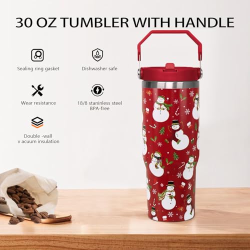 Christmas Snowman 30oz Travel Tumbler with Lid & Straw – Insulated Cup, Handles