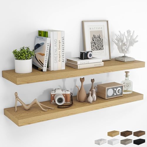 Oak Floating Wall Shelves Set of 2 - 47.2 Inch Rustic Modern Storage
