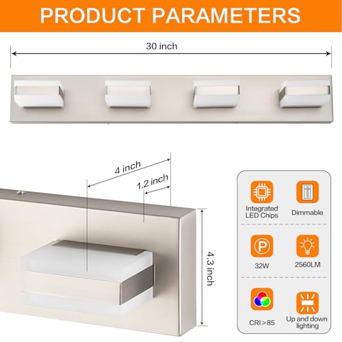 SOLFART 4-Light Brushed Nickel Bathroom Vanity Light Fixture 30 Inch Dimmable LED
