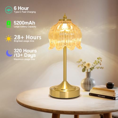 Crkwos Rechargeable Amber Glass Lotus Flower Cordless Table Lamp - Flower Amber Variation