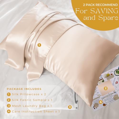 PROMEED 23 Momme Mulberry Silk Pillowcase 2 Pack - Champagne, Standard 20x26 Inches