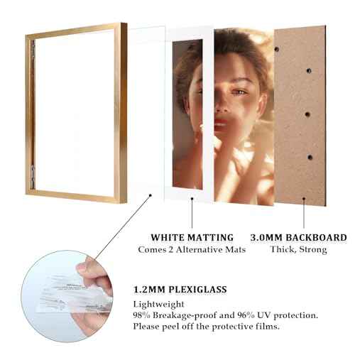 Egofine 5x7 Aluminum Picture Frame Display with Mats for 3.5x5/4x6 or 5x7 without Mat, Metal Picture Frame Covered by Plexiglass for Tabletop and Wall Mounting, 1 Pack, Gold