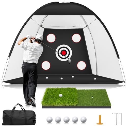 MUVPOH 10x7ft Golf Practice Net with Dual-Turf Mat & Multiple Targets - Indoor & Outdoor Golf Aid