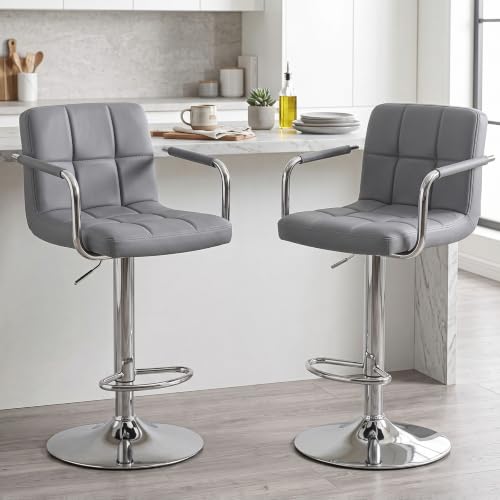 OLIXIS Grey Set of 2 Swivel Bar Stools with Armrest & PU Leather, Adjustable Height