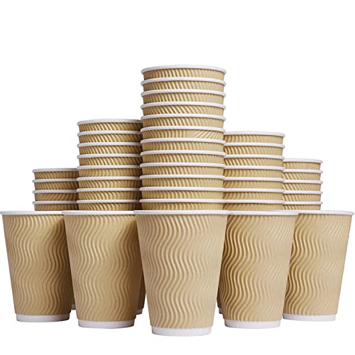 Luckypack 12oz Disposable Insulated Corrugated Coffee Cups - 100 Pack, Brown