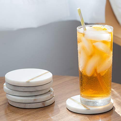 Cork & Mill Marble Coasters with Gold Brass Inlay, White, Set of 6